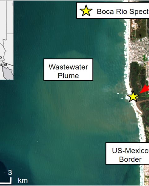 NASA JPL satellite image of the Tijuana River wastewater plume entering the Pacific Ocean off San Diego