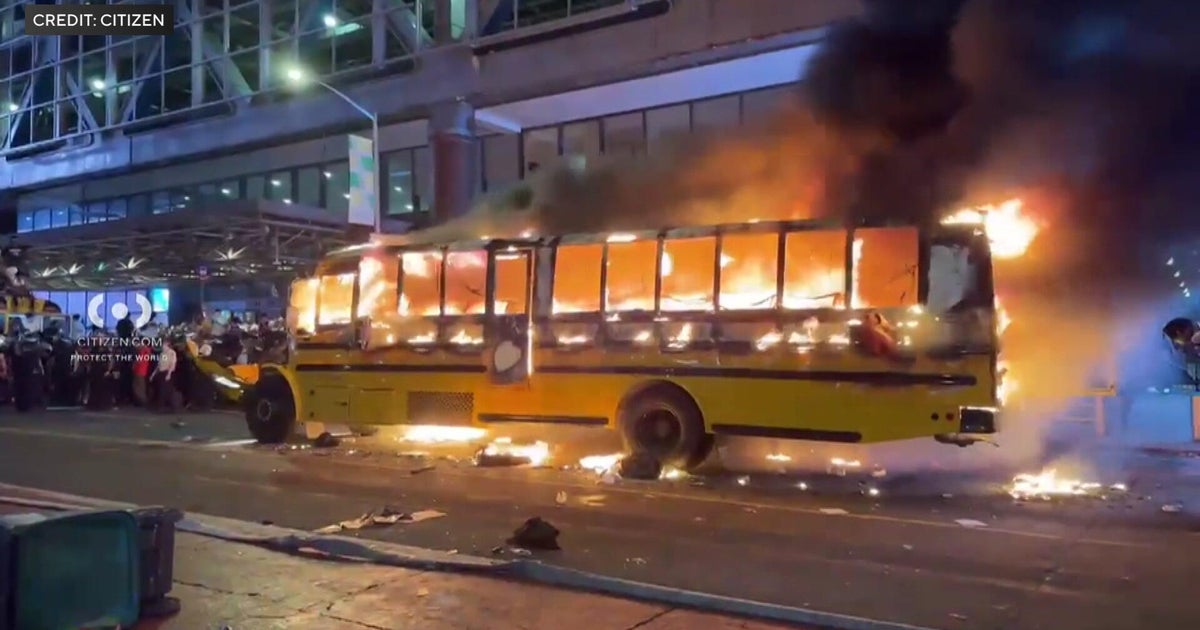 School bus ablaze in Times Square as Knicks championship celebration turns violent June 2026