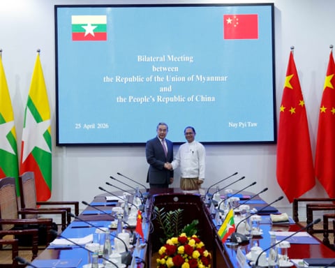 Myanmar Foreign Minister Tin Maung Swe and Chinese FM Wang Yi during bilateral talks in Naypyitaw, April 2026