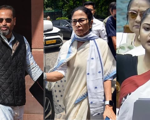 TMC rebel MPs Yusuf Pathan and Saayoni Ghosh with party leader Mamata Banerjee at a campaign rally