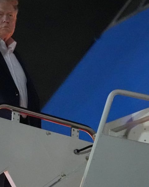 President Donald Trump boards Air Force One at Joint Base Andrews ahead of G7 summit in Evian-les-Bains France June 15 2026