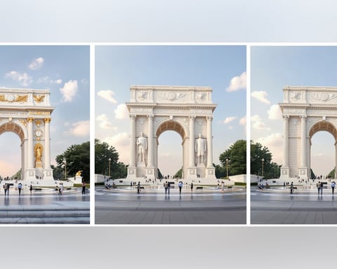 Truth Social mockup image of the proposed 250-foot Independence Arch on the Potomac across from the Lincoln Memorial Washington DC