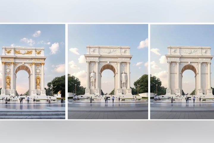 Truth Social mockup image of the proposed 250-foot Independence Arch on the Potomac across from the Lincoln Memorial Washington DC