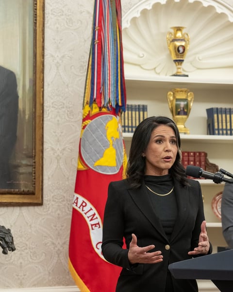 Tulsi Gabbard, the outgoing Director of National Intelligence who released the biolab files, speaking at the White House