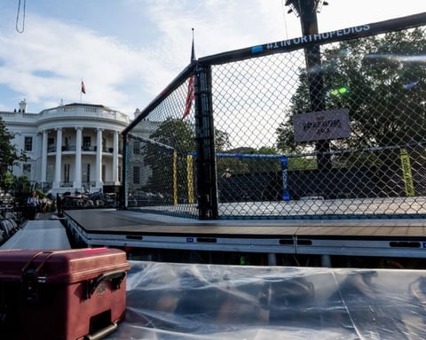 UFC stage construction on the White House South Lawn for Freedom 250 fight night