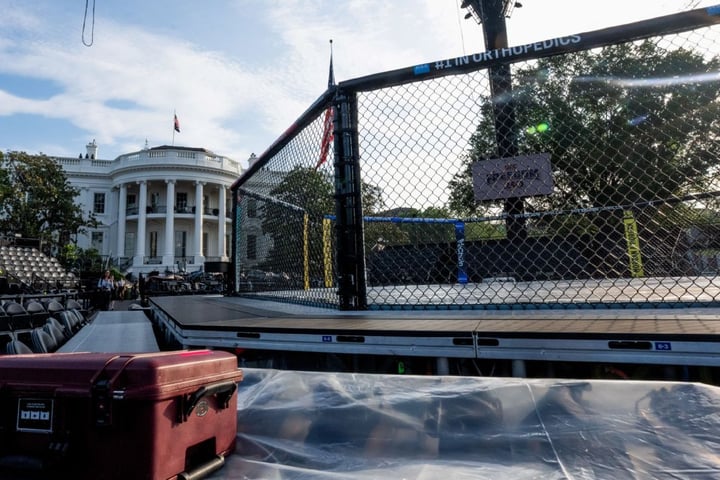 UFC stage construction on the White House South Lawn for Freedom 250 fight night