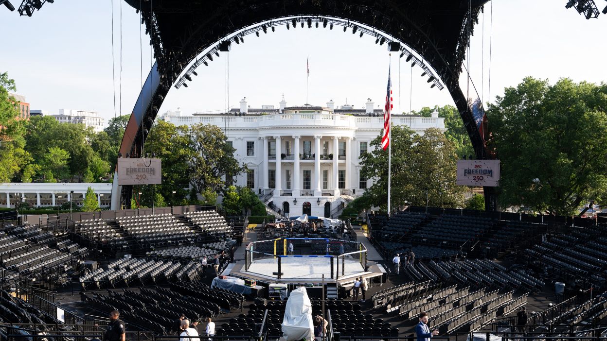 The steel stage structure for the UFC event under construction on the White House South Lawn