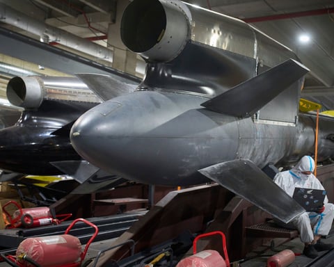 Workers inspect Ukraine's FP-5 Flamingo cruise missiles at Fire Point's secret manufacturing facility in Ukraine