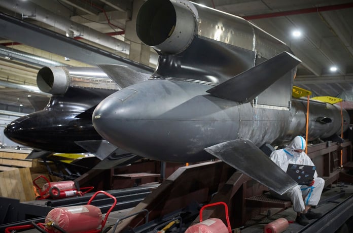 Workers inspect Ukraine's FP-5 Flamingo cruise missiles at Fire Point's secret manufacturing facility in Ukraine