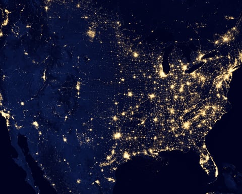 NASA Suomi NPP VIIRS composite map of US nighttime lights showing dense illumination across Northeast and Mid-Atlantic