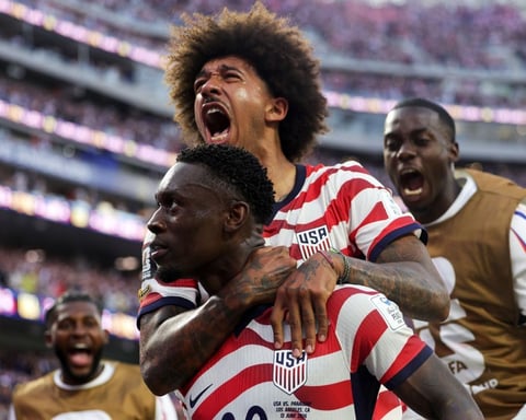 The United States celebrate during their 4-1 World Cup opening win over Paraguay at SoFi Stadium
