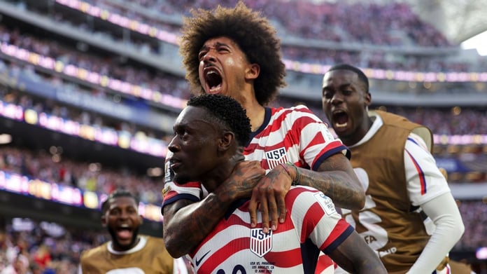 The United States celebrate during their 4-1 World Cup opening win over Paraguay at SoFi Stadium