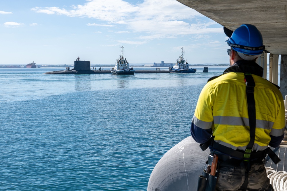 The Virginia-class fast-attack submarine USS Minnesota moors at HMAS Stirling in Western Australia under AUKUS