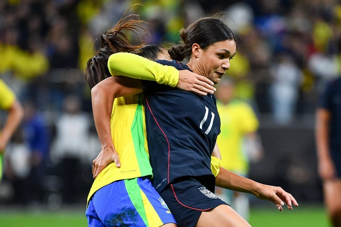 Sophia Wilson USWNT battles Brazilian defenders at Arena Castelão in Fortaleza during the 1-0 win on June 9, 2026