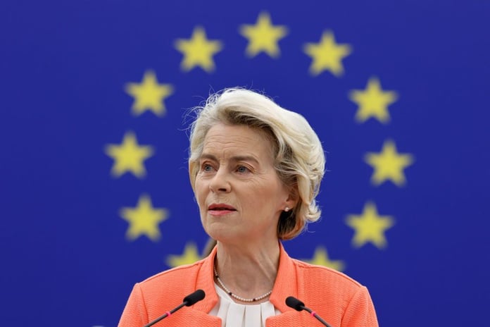 European Commission President Ursula von der Leyen at the European Parliament during Russia sanctions deliberations