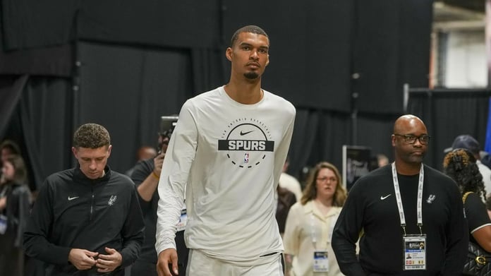 Victor Wembanyama of the San Antonio Spurs after Game 2 of the 2026 NBA Finals against the New York Knicks