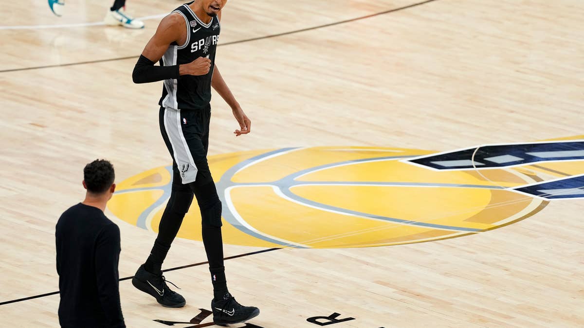Victor Wembanyama walks up the court during Game 1 of the 2026 NBA Finals against the New York Knicks
