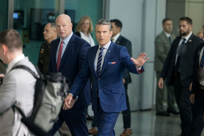 US Ambassador to NATO Matthew Whitaker with US Secretary of War Pete Hegseth at NATO headquarters Brussels