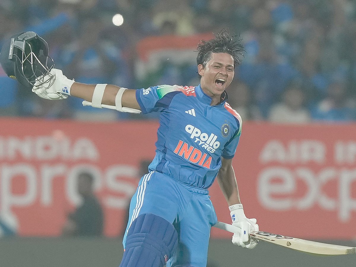 Yashasvi Jaiswal celebrates his maiden ODI century against South Africa in Visakhapatnam December 2025