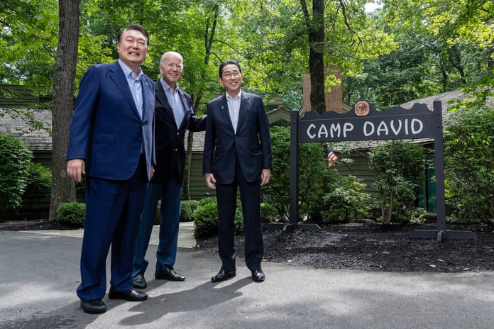 Yoon Suk Yeol, then South Korea's president, at the Camp David trilateral summit before his downfall