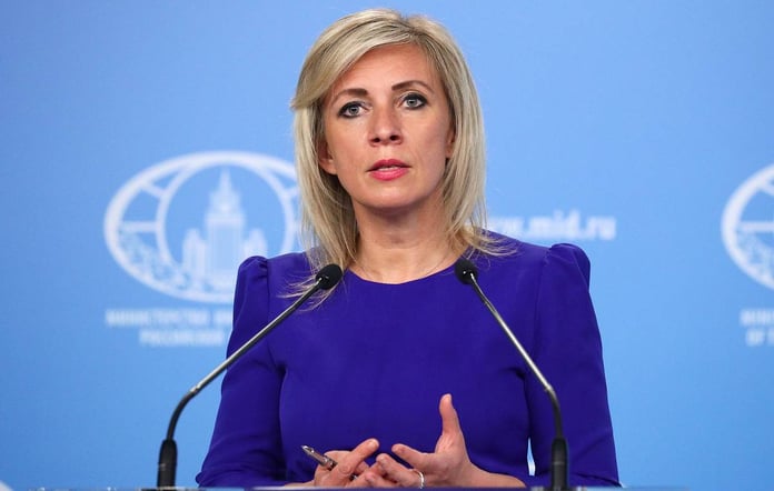 Russian Foreign Ministry spokeswoman Maria Zakharova speaking at a briefing on the Iran conflict June 2026