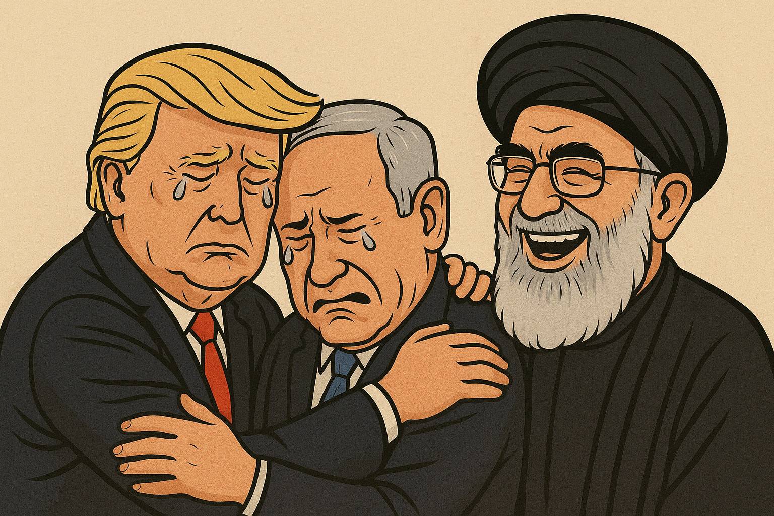 Iran Israel war, Trump crying, Netanyahu crying, Ayatollah laughing, US Middle East failure