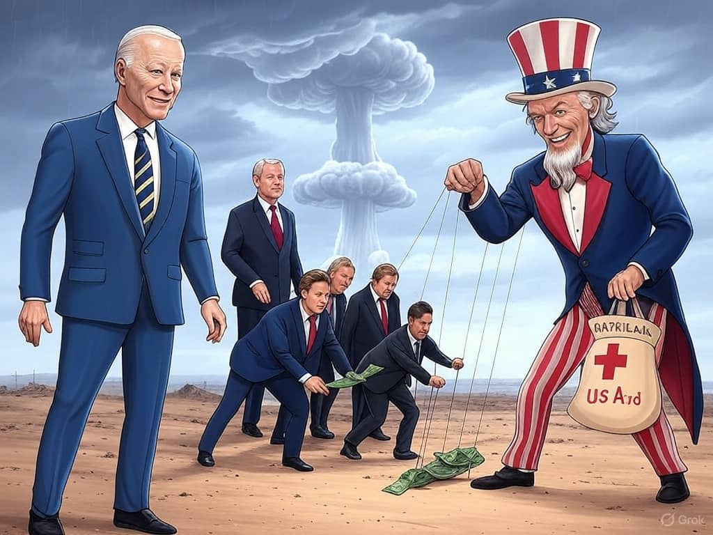 Political cartoon depicting Uncle Sam as a puppeteer controlling a Ukraine marionette, with Biden holding a 'US Aid' money bag fueling the Ukraine war. European leaders push Ukraine towards a Russian bear, while Trump pulls for peace. Dark clouds shaped like nuclear mushrooms loom under a banner reading 'Biden's Bloody Legacy,' highlighting NATO expansion criticism and Biden's Ukraine war role.