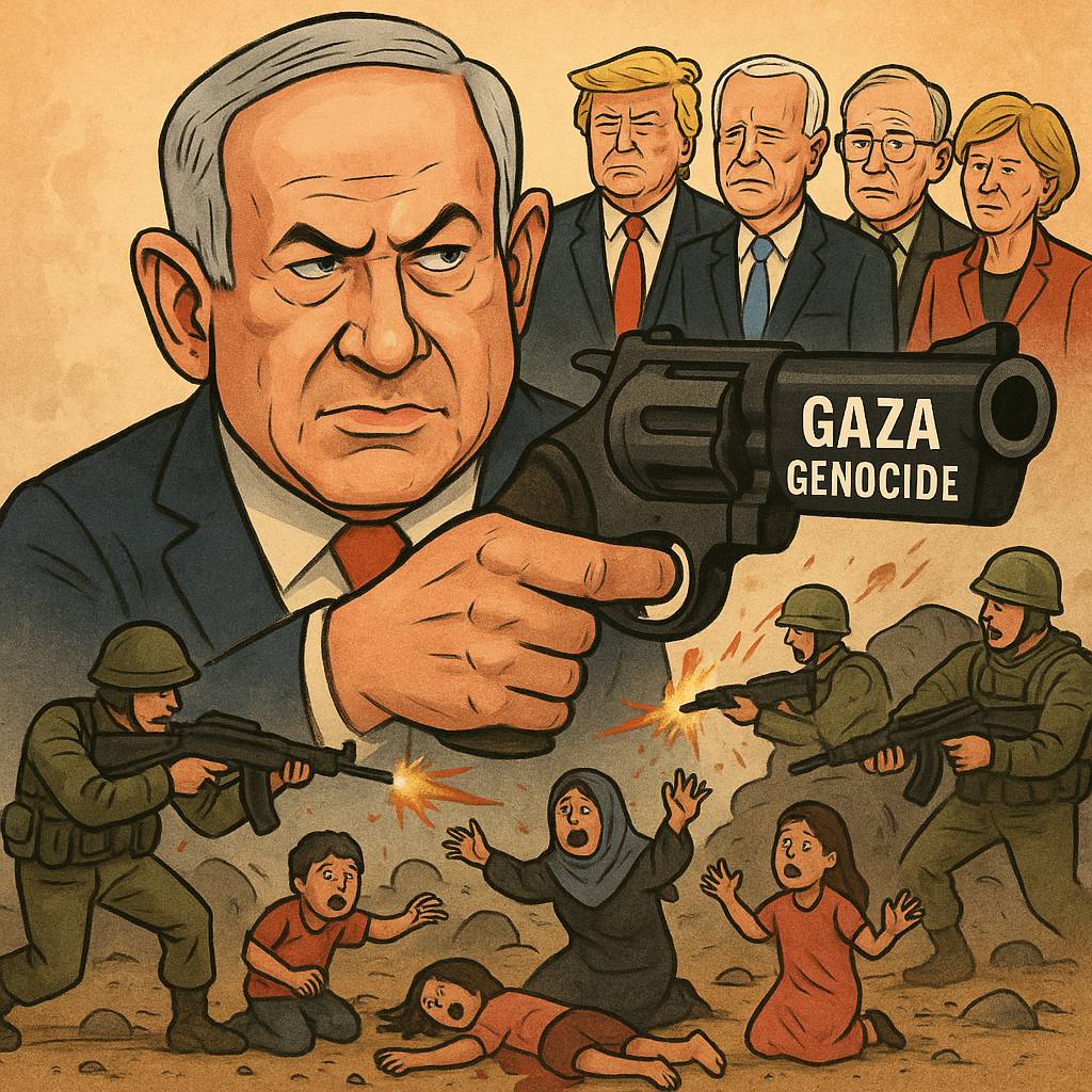 Netanyahu cartoon, Gaza genocide illustration, Trump Biden Western leaders supporting Israel, Palestinian civilians killed, political cartoon Gaza war, Israel war crimes visual