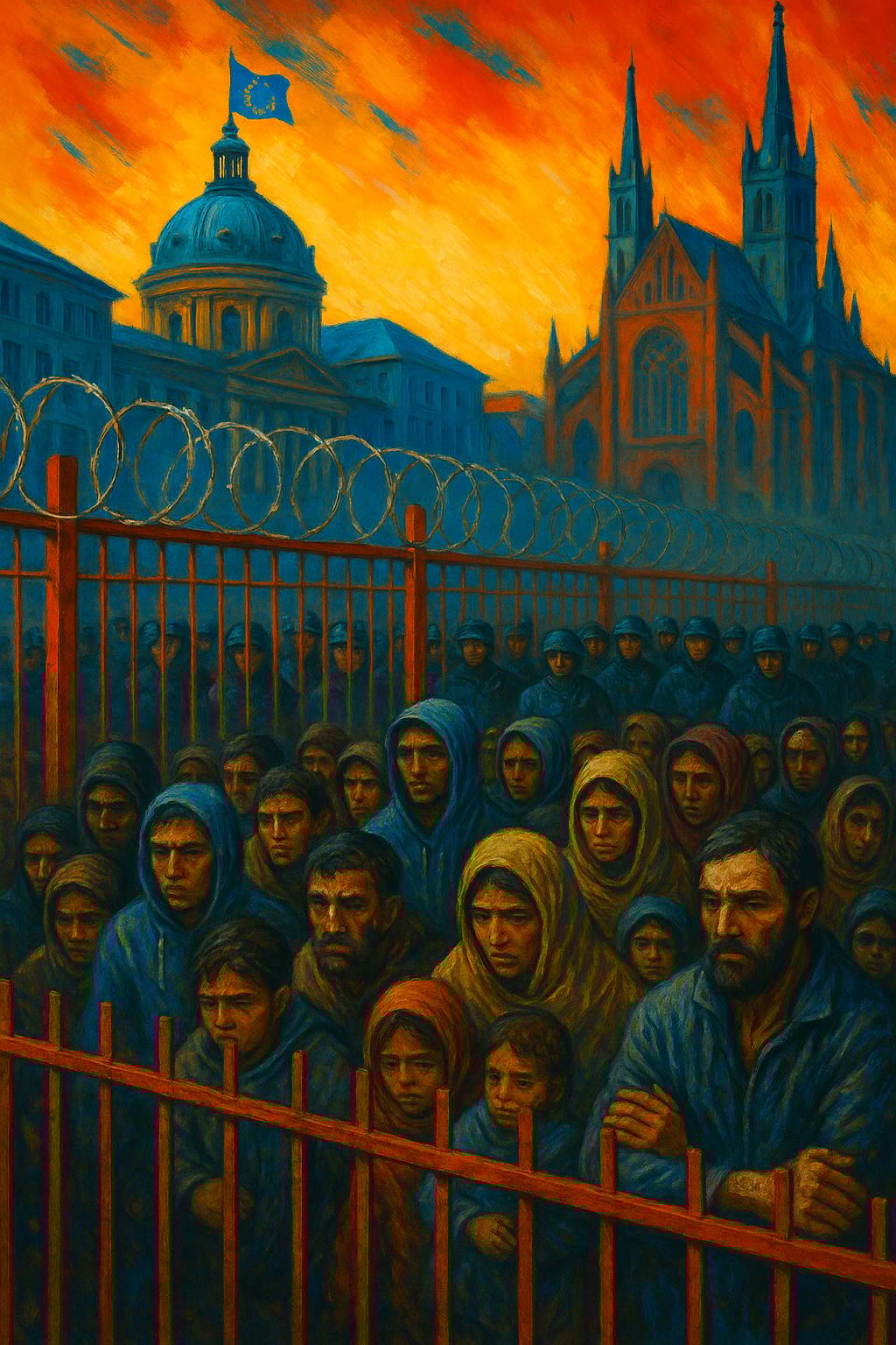 Europe migration crisis, EU asylum system collapse, refugees behind barbed wire, European border control, Gaza displacement, 2025 refugee surge, bright colors illustration
