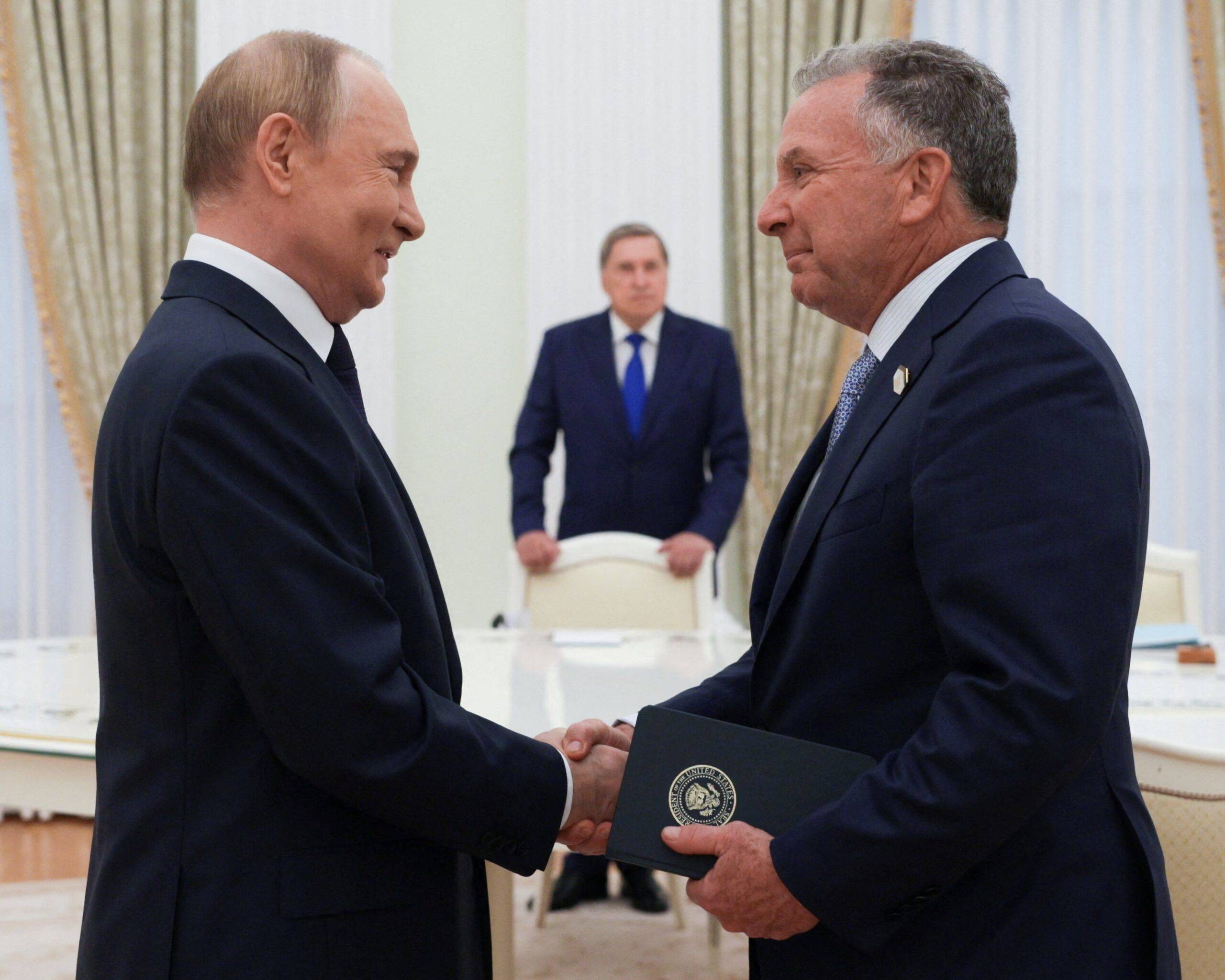 Putin and Witkoff at their meeting in Moscow. Putin and Steven Witkoff sitting across from each other during Moscow meeting