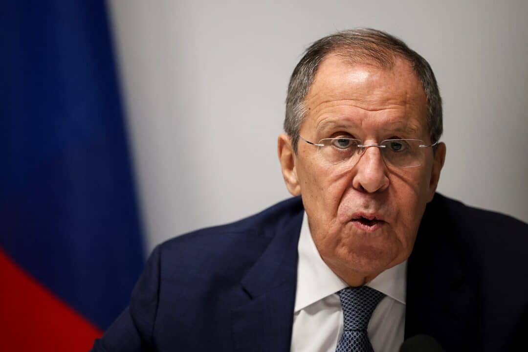 Russian Foreign Minister Sergey Lavrov speaking at a press briefing on missile deployment decisions