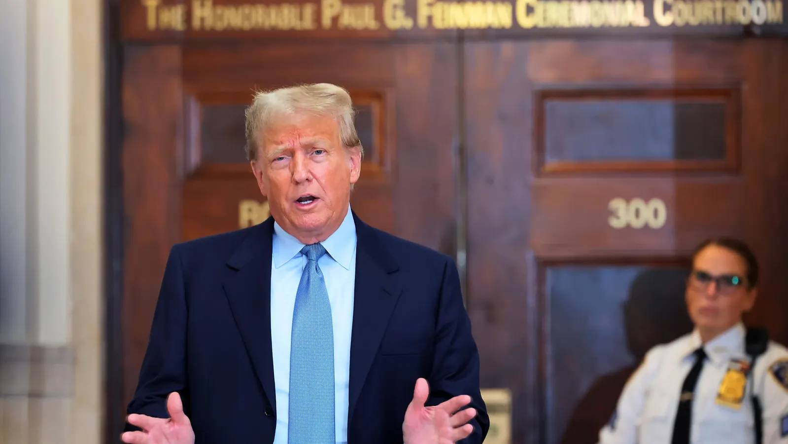 Donald Trump outside New York courthouse after fraud case ruling