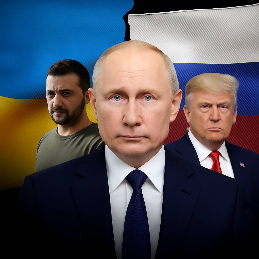 AI-generated image of Putin in front, Zelenskyy and Trump behind, with Ukraine and Russia flags.