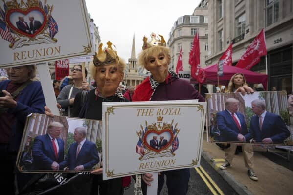 Protesters in Parliament Square London with Trump Baby blimp during Trump second state visit