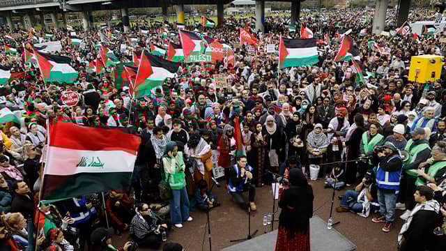 Protesters in central Auckland wave Palestinian flags during the March for Humanity, finishing at Victoria Park after a high-wind reroute.