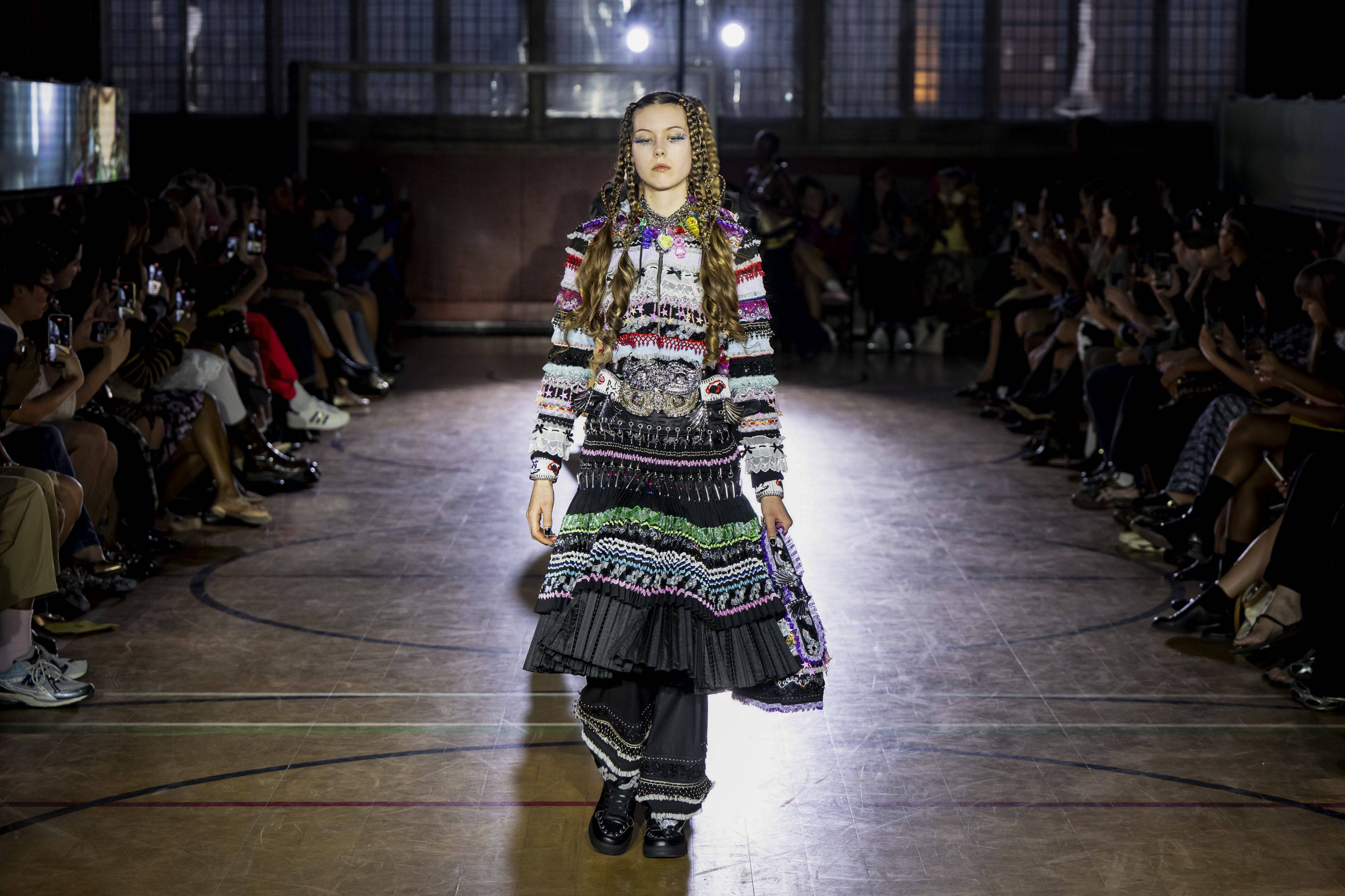 Chopova Lowena Spring 2026 runway showing pleated carabiner skirts and cheer-inspired looks at London Fashion Week