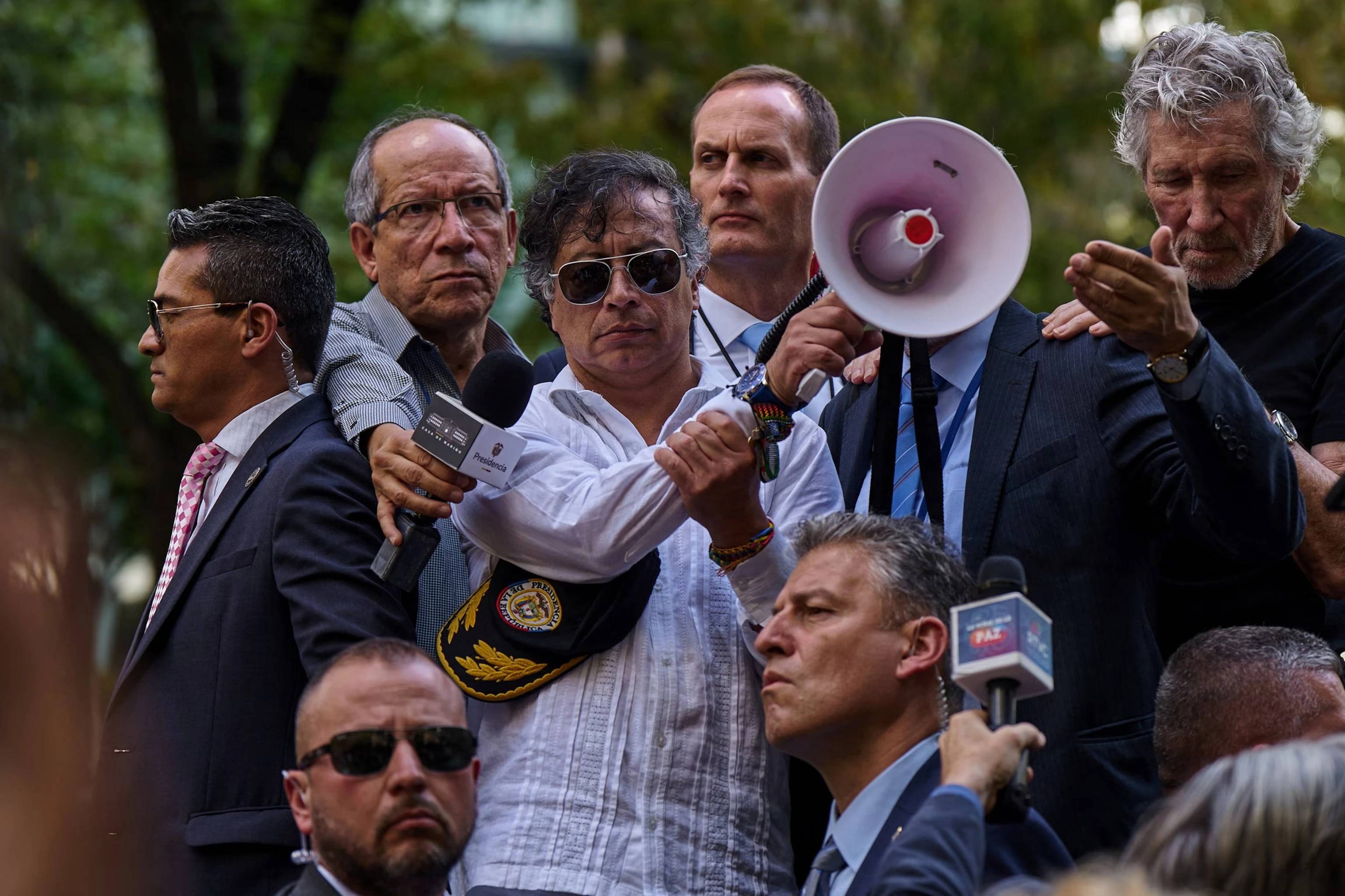 Gustavo Petro speaks near the UN Headquarters during UN week after his US visa is revoked