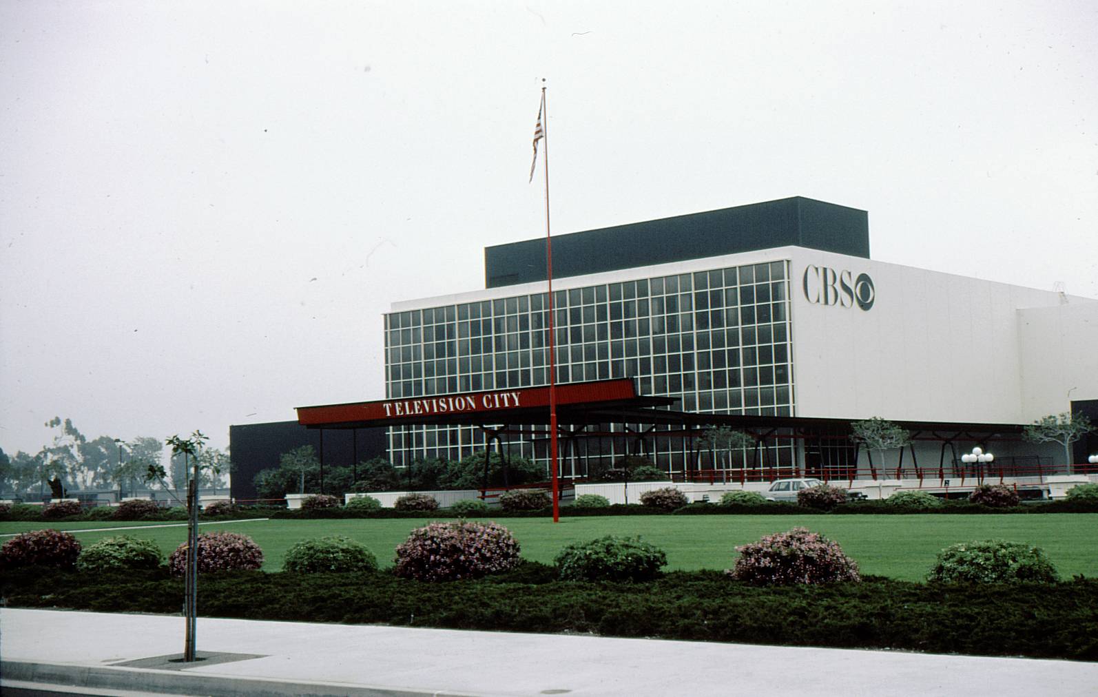 CBS Television City exterior in Los Angeles with CBS logo on the facade