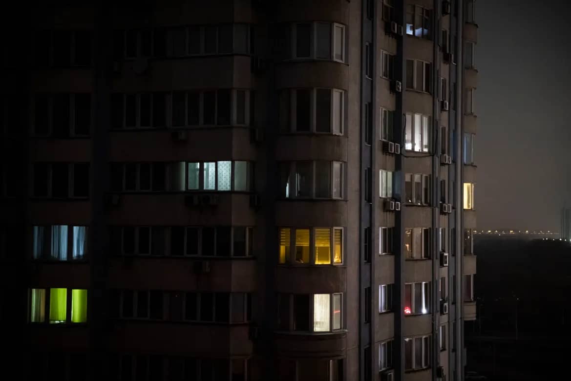 Kyiv apartments in near-darkness during scheduled power cuts on Day 1329 of the war.