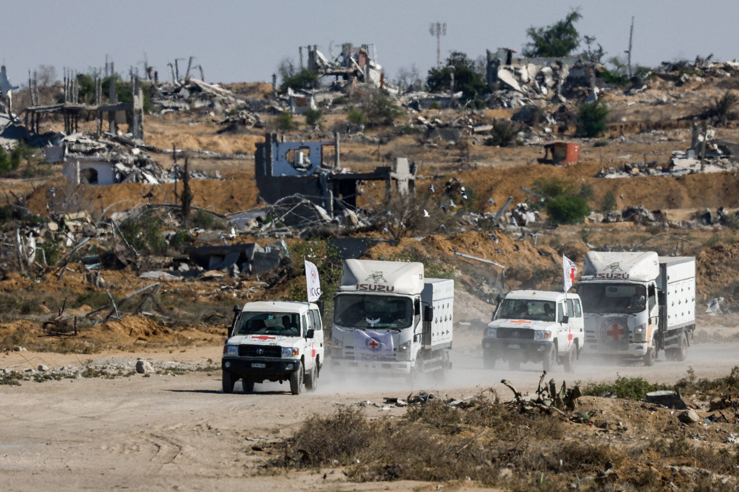 ICRC convoy moves through damaged Gaza streets during remains recovery under temporary truce