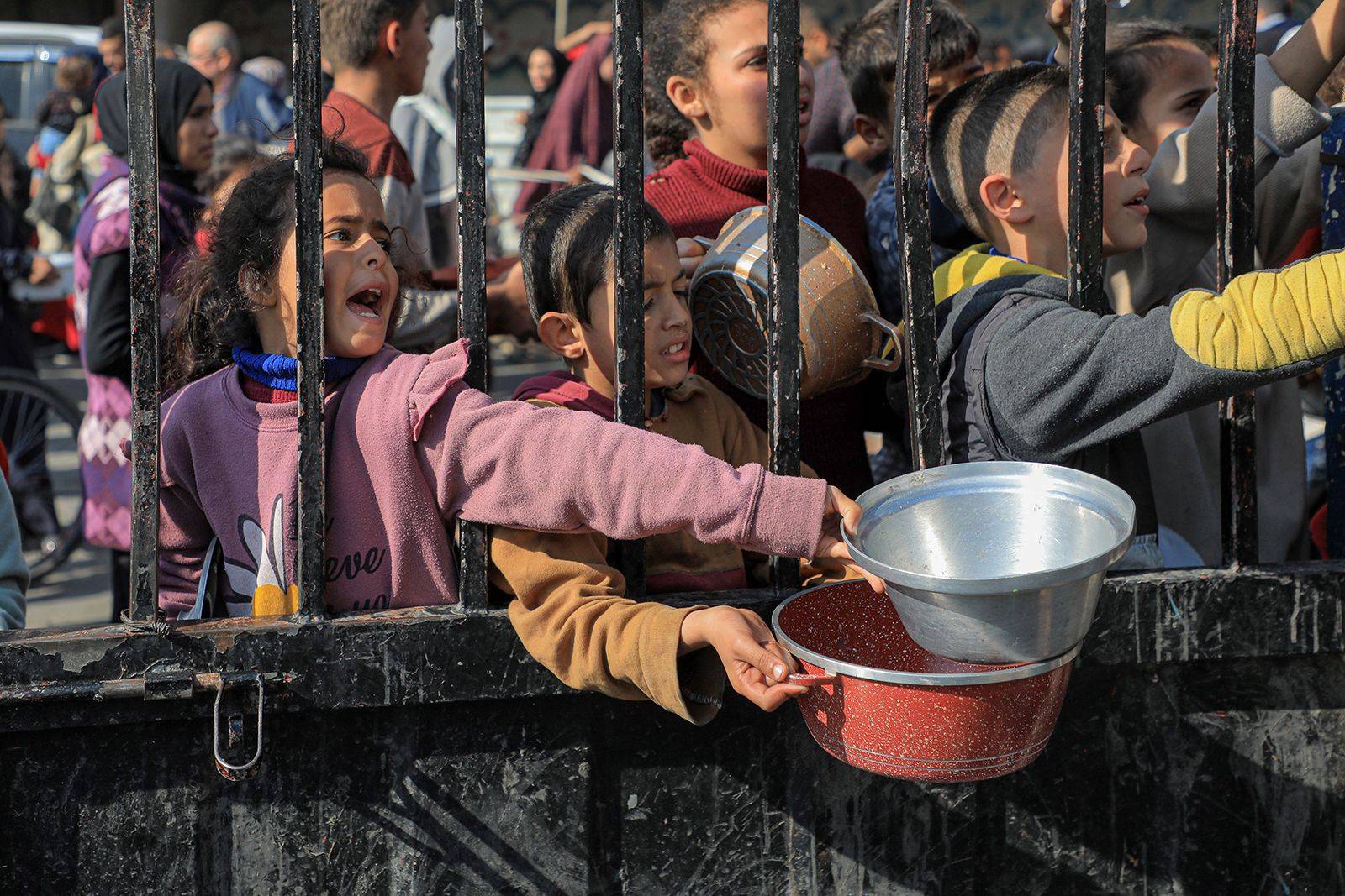 Mothers with young children wait for rations and medical checks in Gaza’s summer heat.
