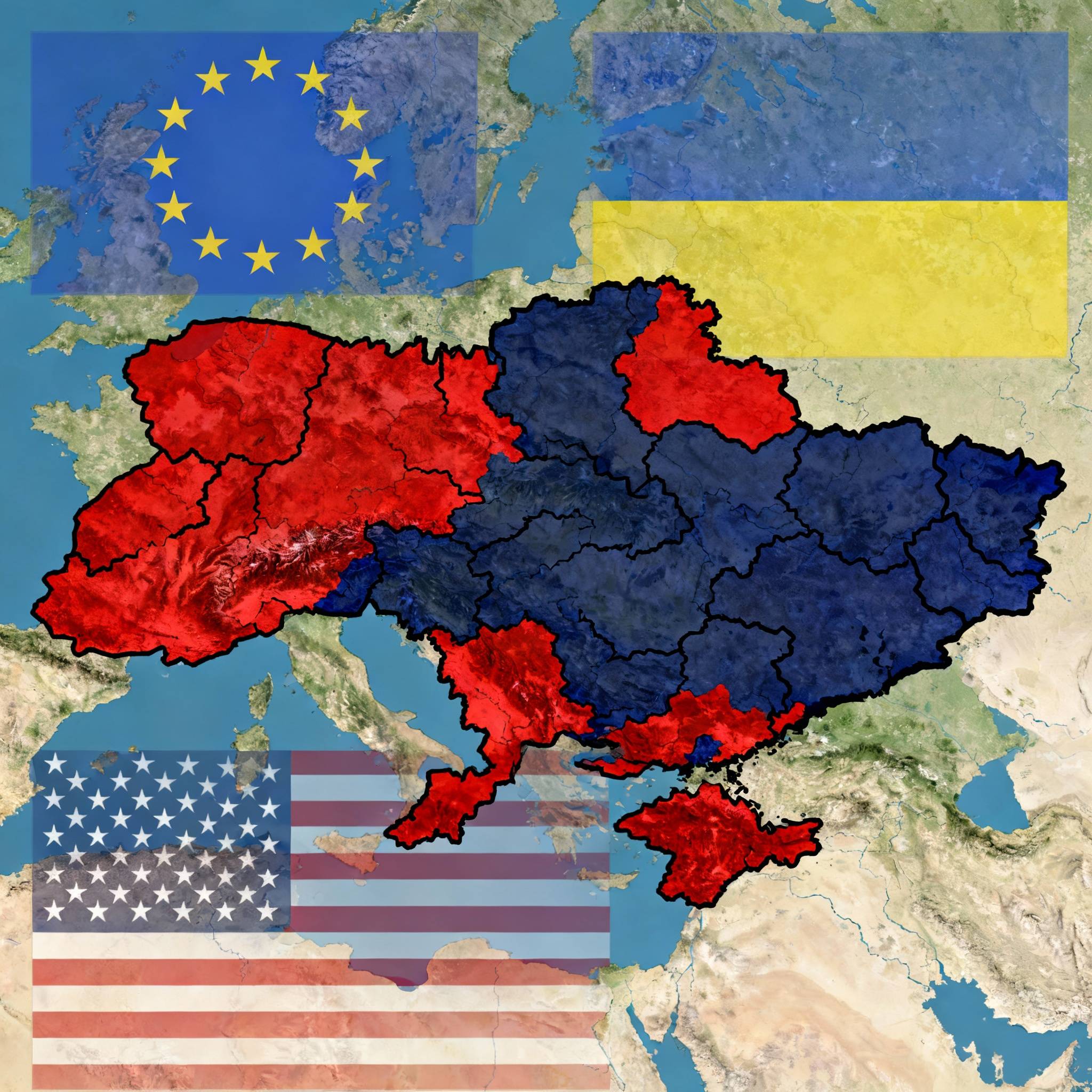 Flags of US, EU, and Ukraine over a conflict map highlighting geopolitical hypocrisy in the Russia Ukraine war