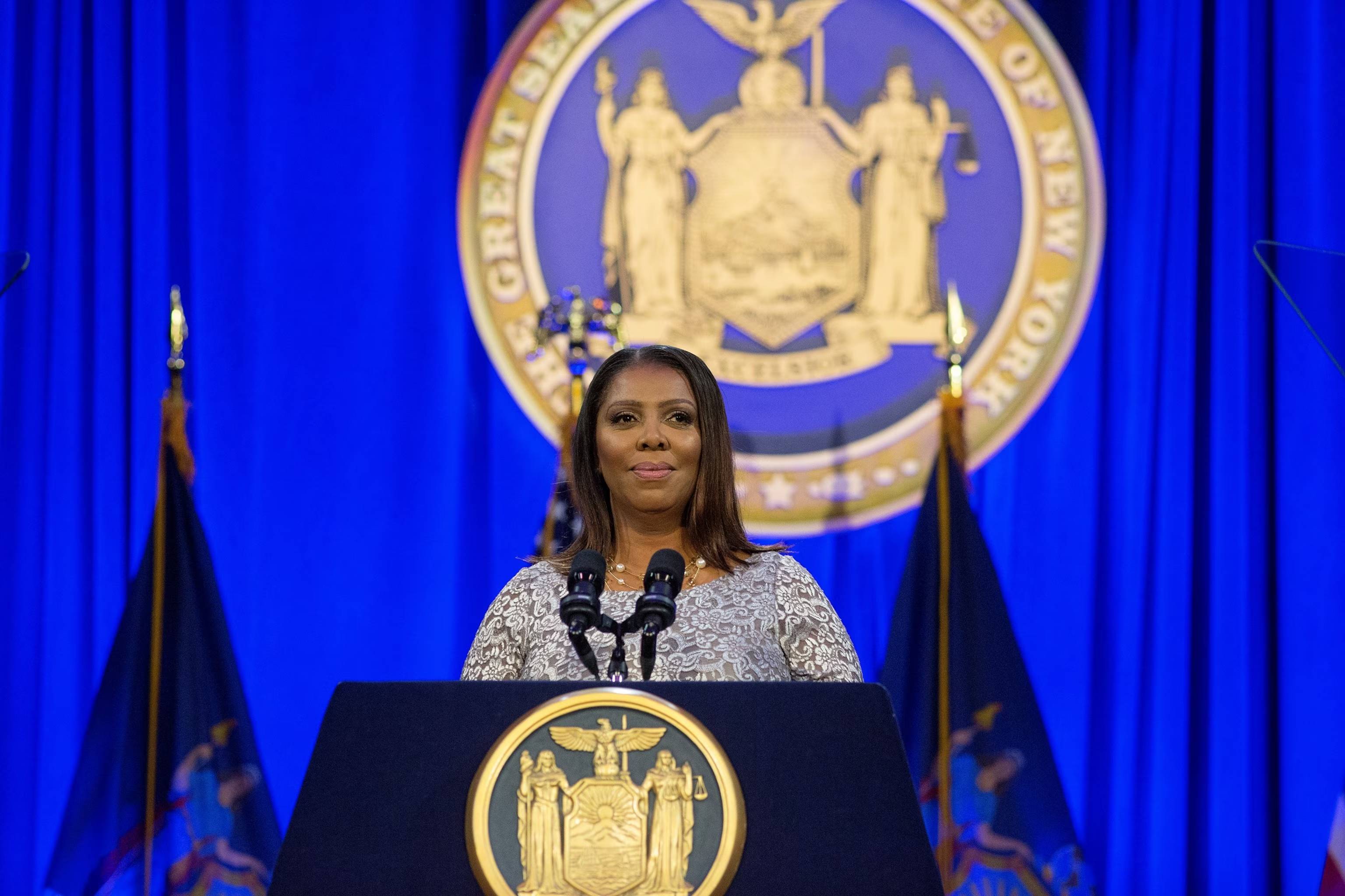 New York Attorney General Letitia James speaks at a news conference in New York City.