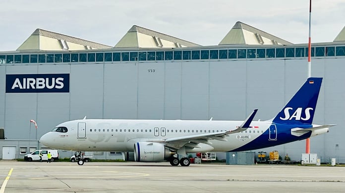 An Airbus A320neo aircraft leased to Scandinavian Airlines on the tarmac