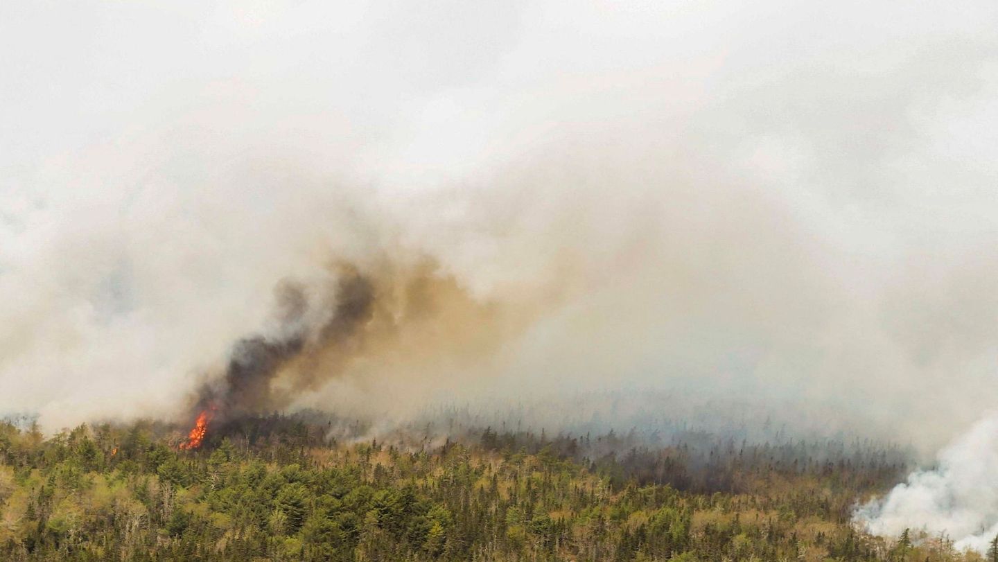 Aerial view of Canadian forest fire with flames and smoke rising through boreal forest