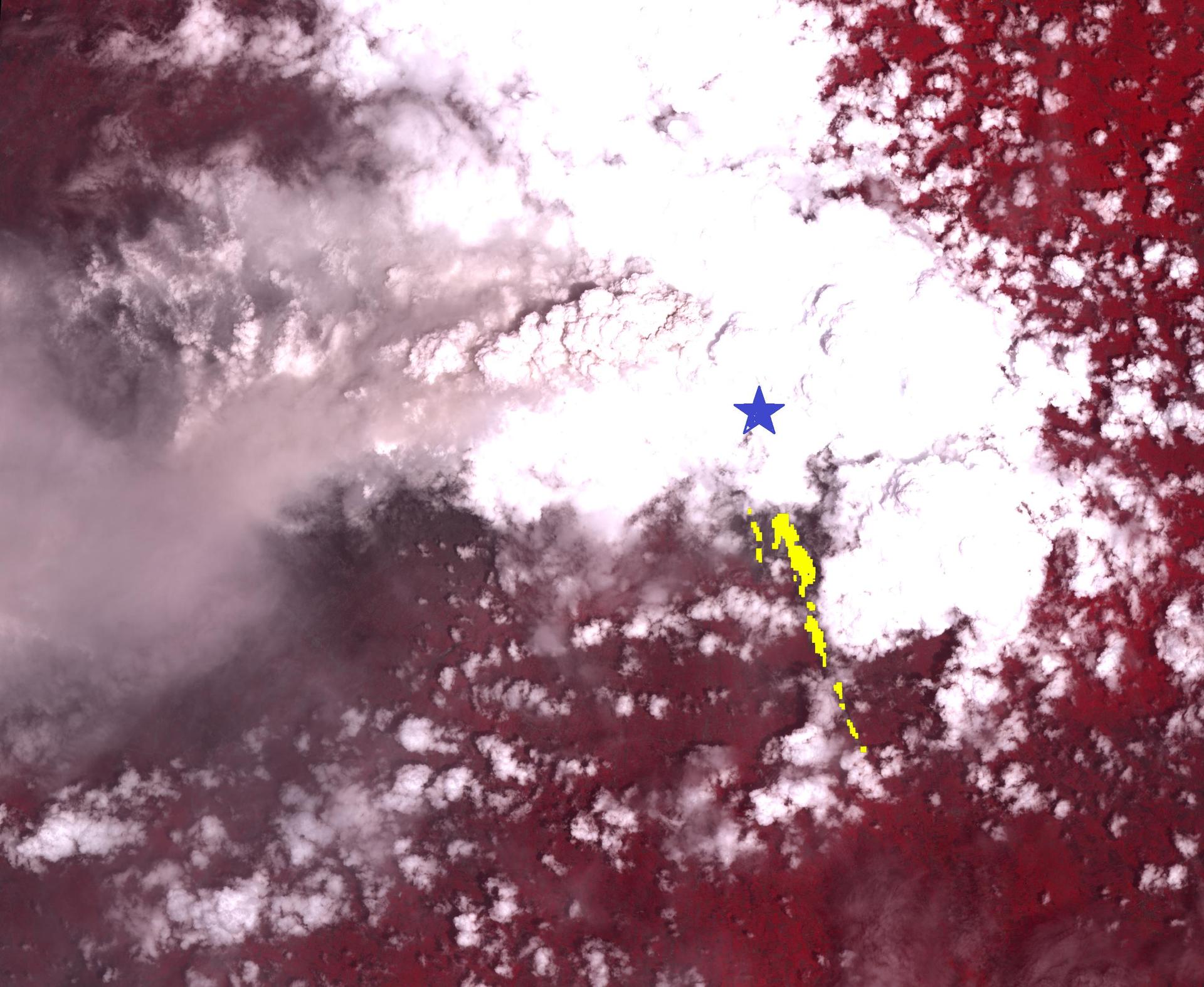 NASA satellite image showing the volcanic flows and ash plumes from Mount Merapi eruption in Indonesia