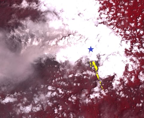 NASA satellite image showing the volcanic flows and ash plumes from Mount Merapi eruption in Indonesia