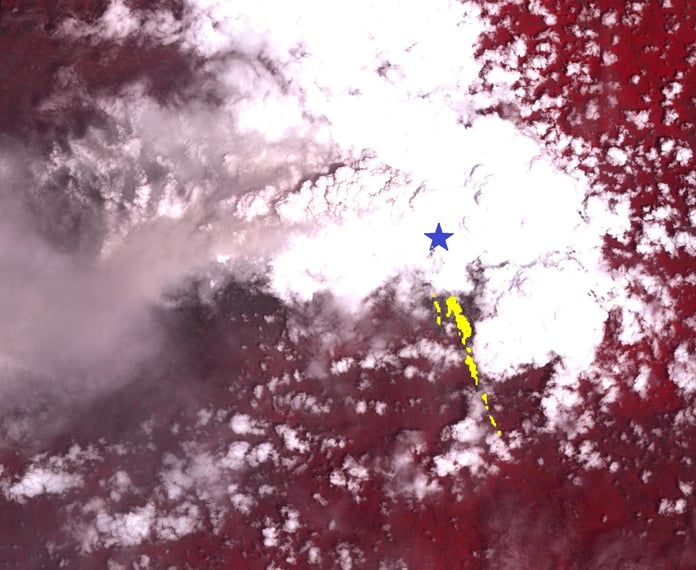 NASA satellite image showing the volcanic flows and ash plumes from Mount Merapi eruption in Indonesia