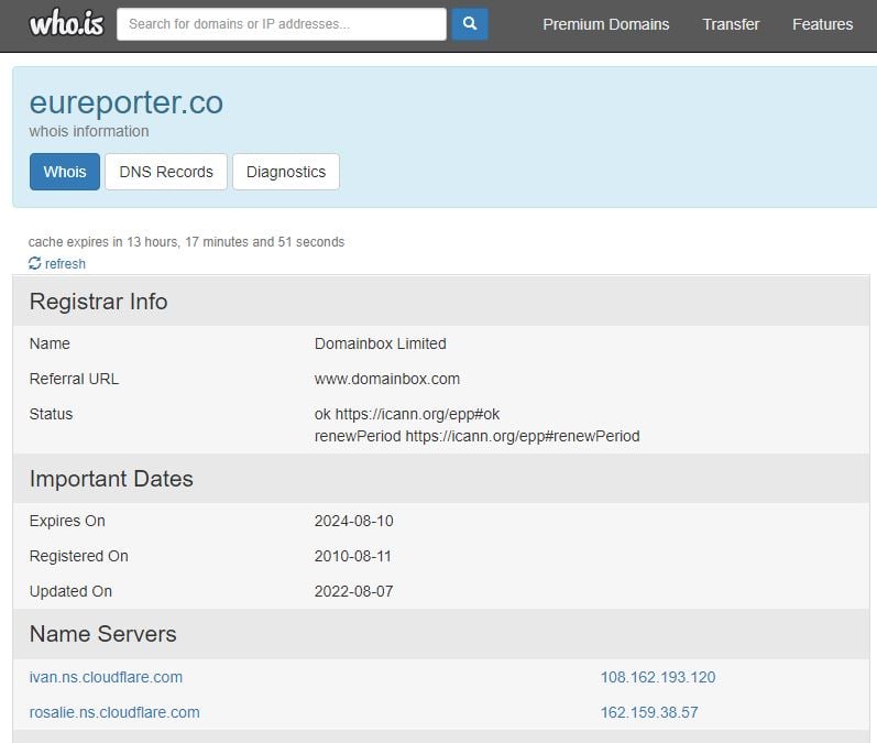 Domain name record of eureporter.co(Courtesy: WHO.is)