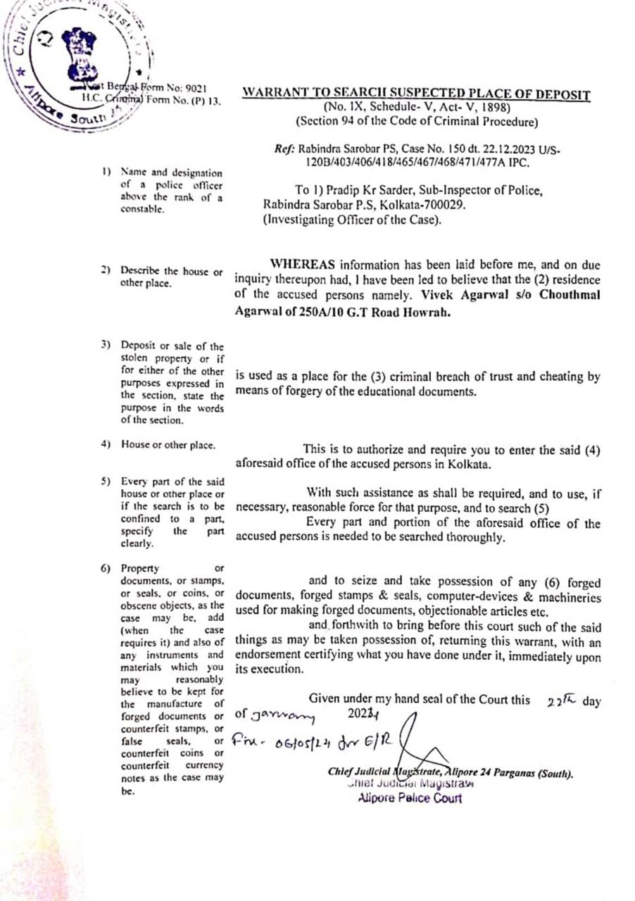 search-warrant-kolkata-police